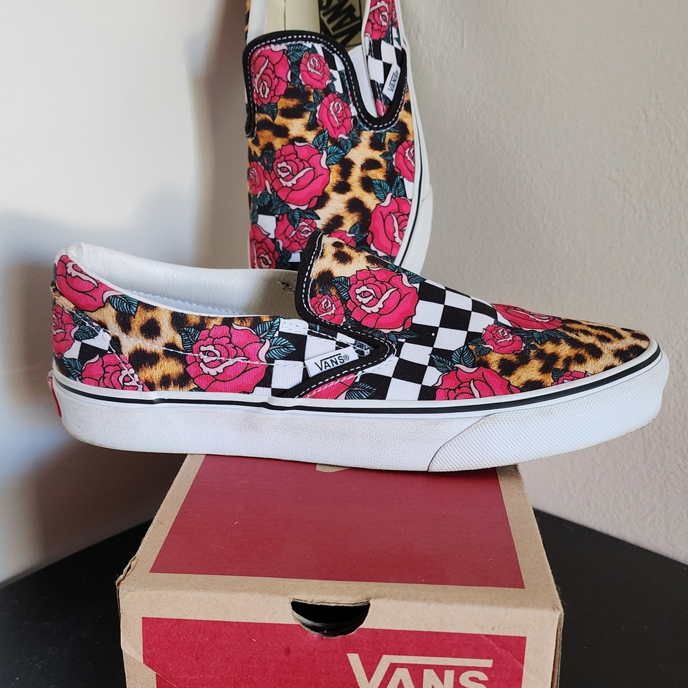 Vans Women's Rose and Checkered Slip-On Sneakers
